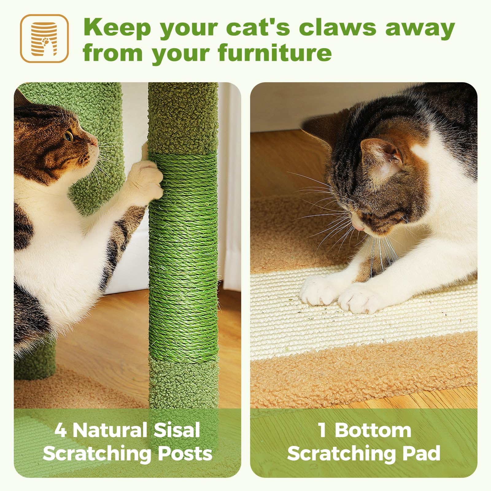 Pawz Road Cactus Cat Tree Tower 62 Inches Cat Tree With 2 Condos,2 Large Perch,4 Scratching Posts & 1 Scratching Board, And 2 Ha